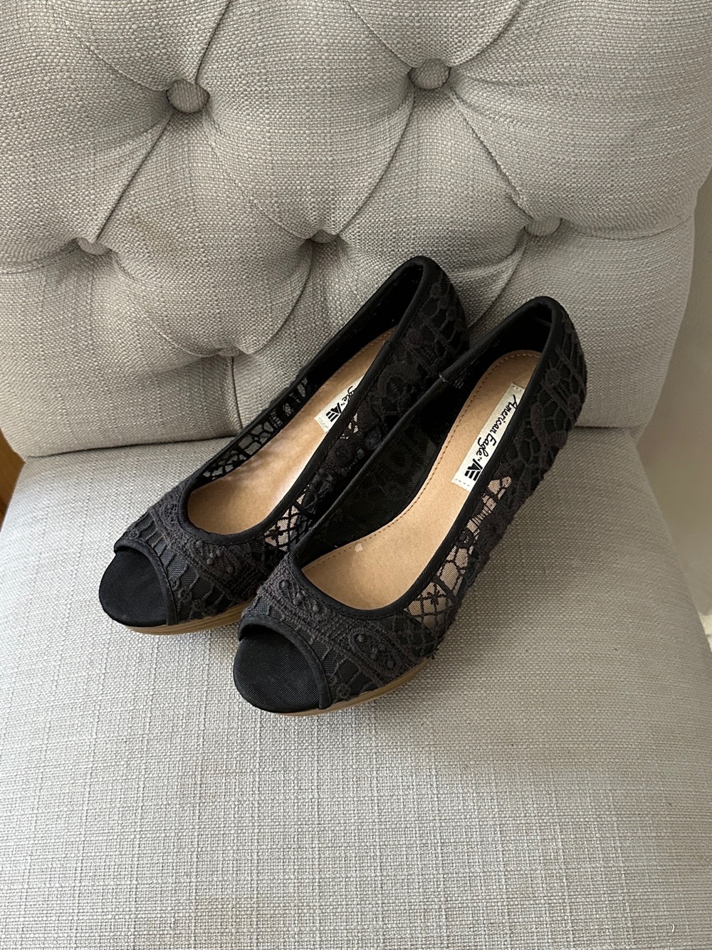 American Eagle Black Lace Peep-Toe Wedges